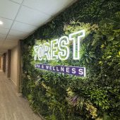 Forest Spa, Bracknell living wall with a backlit logo at the customer entrance.