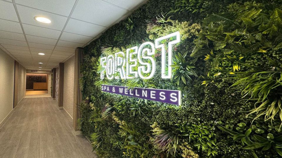 Forest Spa, Bracknell living wall with a backlit logo at the customer entrance.