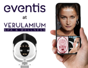 Eventis skin scanner machine. Preview of a ladies skin scanner results on a mobile phone screen.