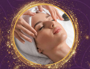 Golden and purple festive circle with lady receiving a facial treatment.